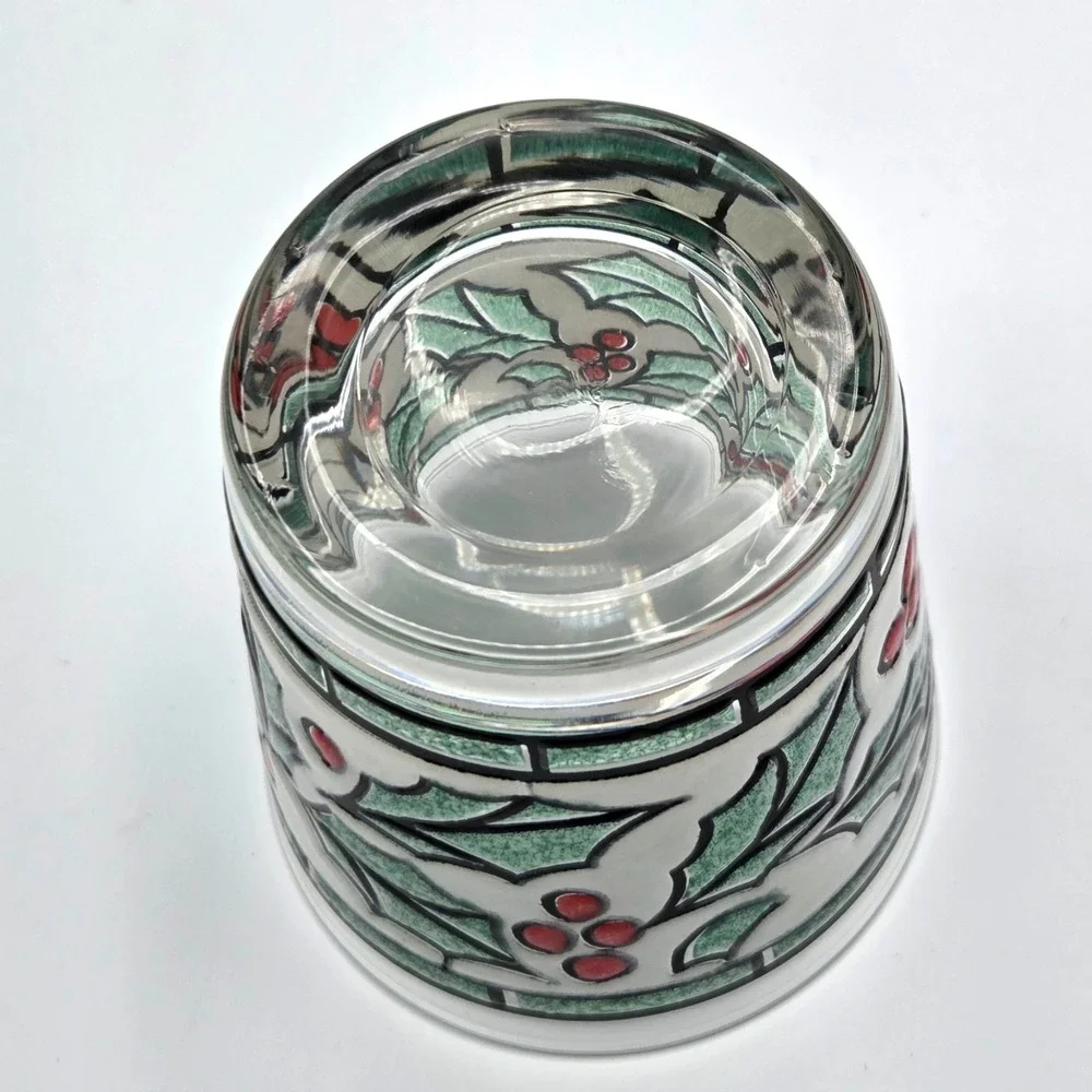 WEST VIRGINIA Snowy Holly & Berry Stained Glass 16oz Lo-Ball Rocks VINTAGE Set 6